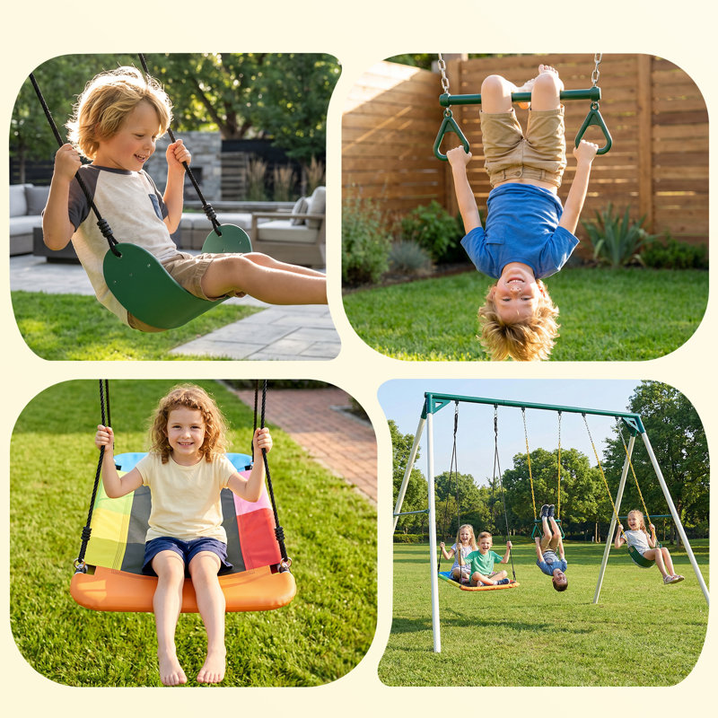 Klo Kick 9.5' Heavy Duty Metal Swing Set with Belt Swing, Trapeze